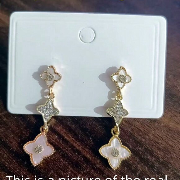 Gold Boho Womens Long Leaf & Flower Earrings Embedded With Rhinestones - Picture 2 of 5